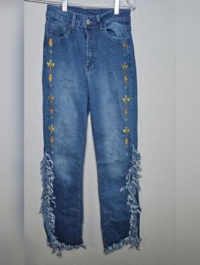Boho Embroidered Arrow Jeans Fringe Hem Western Festival Small